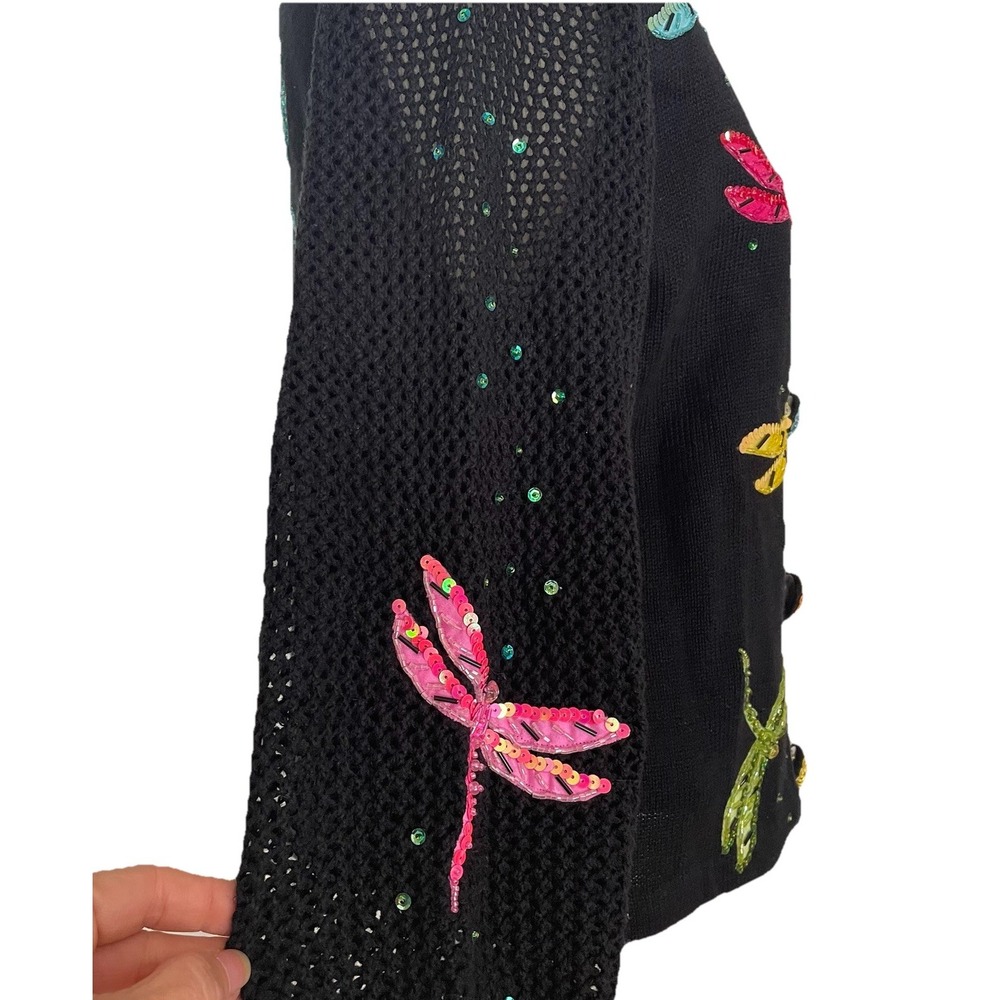 DESIGN OPTIONS Philip‎ & Jane Gordon Black Cardigan Sweater Sequin Dragonfly VTG - Picture 3 of 12